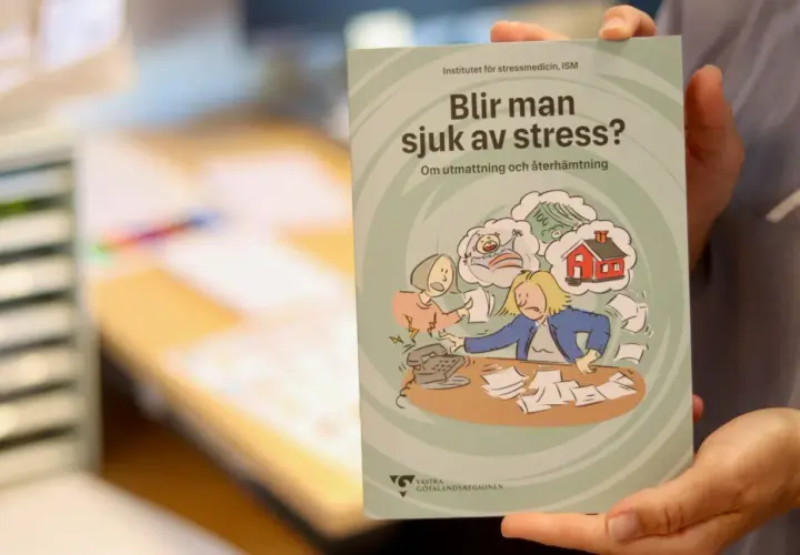 En bok om att bli sjuk av stress och hur livet efter utmattningssyndrom kan se ut. Illustrationen visar en person överväldigad av tankar på barn, hus och pengar.