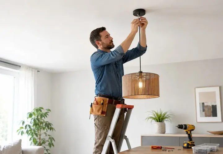 Uomo su scala effettua il montaggio lampadario a sospensione in legno. Attrezzi a portata di mano per un lavoro perfetto.
