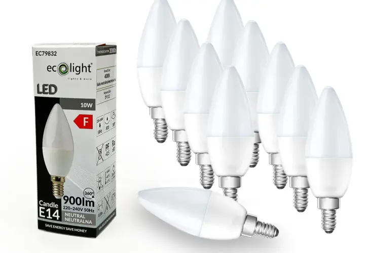 Zestaw żarówek LED typu świeca z małym gwintem E14. Opakowanie zawiera 10 sztuk, każda o mocy 10W.