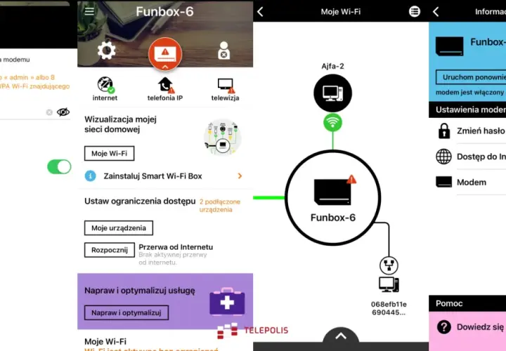 Aplikacja Orange pokazuje jak zmienic haslo do wifi w Funbox-6. Widzimy opcje "Zmień hasło" i "Ustawienia modemu".