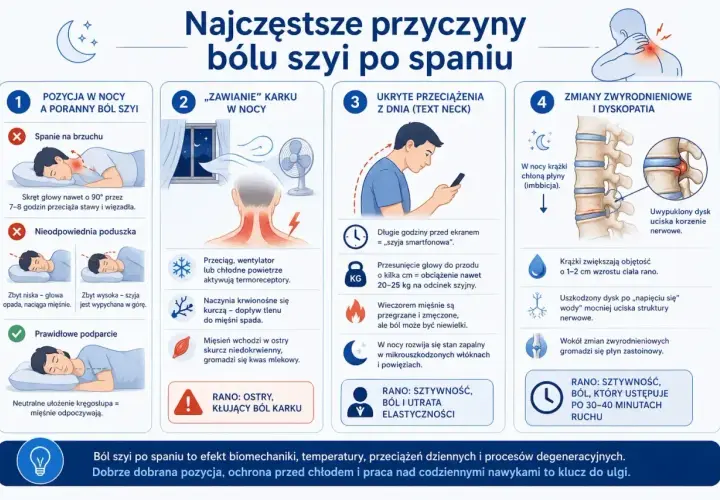 Ból szyi po spaniu: zła pozycja, przeciągi, "szyja smartfonowa" i zmiany zwyrodnieniowe mogą powodować ostry ból i sztywność. Upadek mięśniowy to efekt tych czynników.