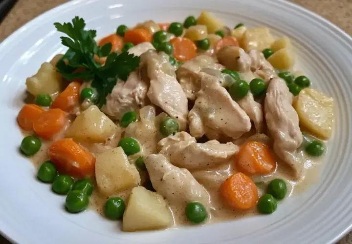 Délicieux accompagnement blanquette de poulet avec des morceaux de poulet, des carottes, des pommes de terre et des petits pois dans une sauce crémeuse.