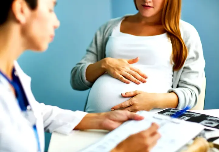 Medico spiega a donna incinta quando si fa la villocentesi, con ecografie sul tavolo.