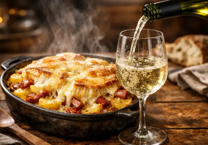 Un verre de vin blanc pétillant est versé à côté d'une tartiflette fumante. La question "quoi boire avec une tartiflette" trouve ici une réponse parfaite.