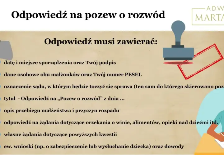 Dostałem pozew o rozwód co dalej? Lista elementów odpowiedzi na pozew: dane, sąd, opis małżeństwa, żądania.