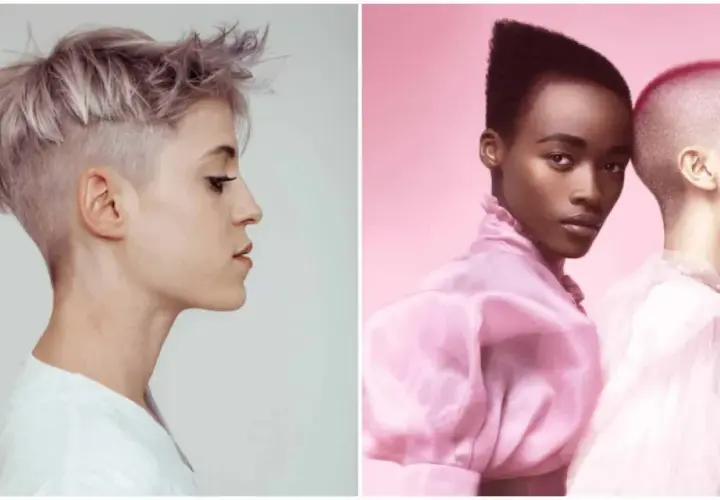 Dos mujeres con pelo rapado, una con un estilo despeinado y color lavanda, la otra con un corte pixie y tinte rosa vibrante.