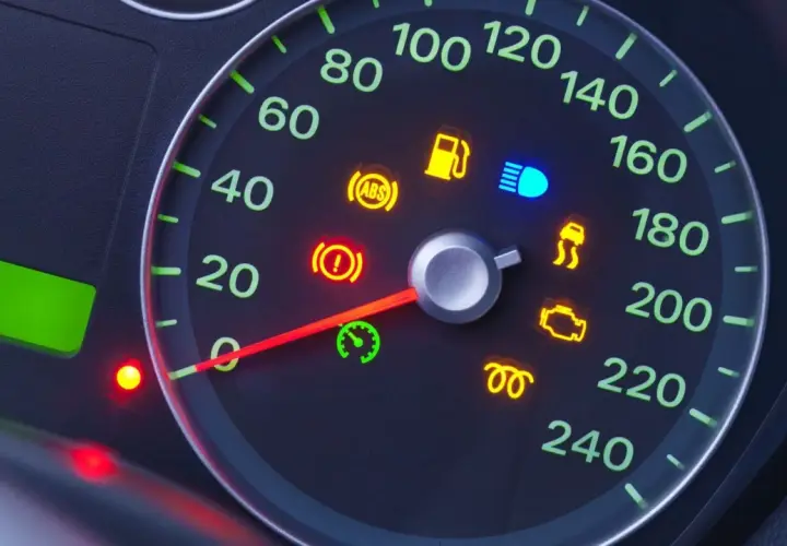 Cruscotto auto con spie accese: serbatoio, ABS, luci blu, controllo stabilità, motore e altre. L'ago del tachimetro indica una velocità bassa.
