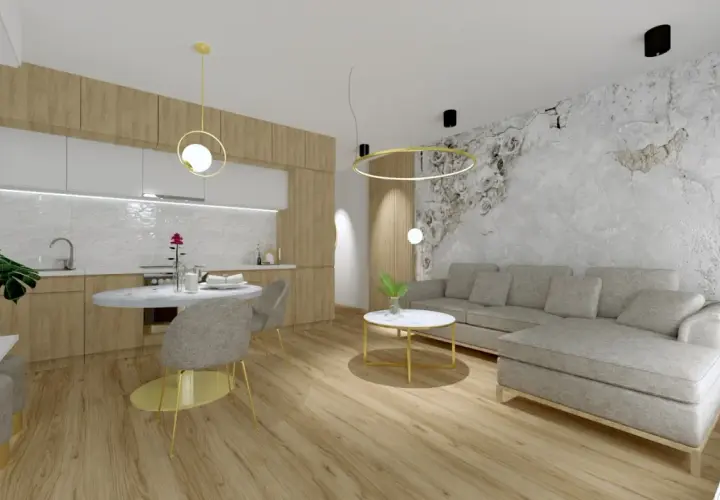 Nowoczesny salon z aneksem kuchennym, szara kanapa, drewniane meble, ozdobna ściana.
