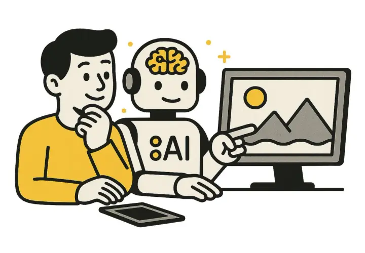 Człowiek zastanawia się, czy sztuczna inteligencja ma świadomość, gdy robot AI wskazuje na obraz na monitorze.