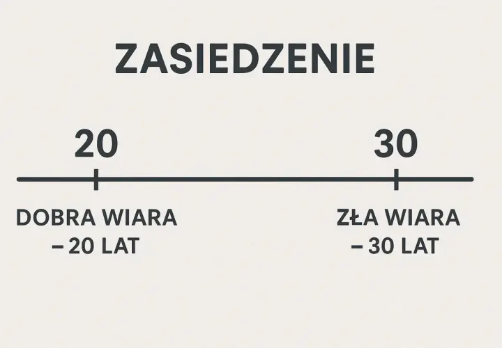 Zasiedzenie: dobra wiara – 20 lat, zła wiara – 30 lat. Skala pokazuje, ile lat potrzeba do zasiedzenia w zależności od dobrej lub złej wiary.