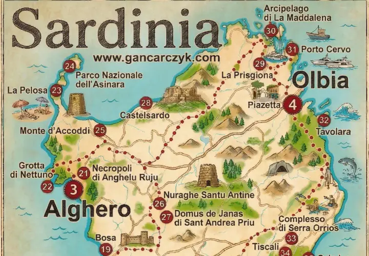 Mapa Sardynii z zaznaczonymi atrakcjami: Alghero, Porto Cervo, La Pelosa. Zobacz, co zobaczyć na Sardynii!