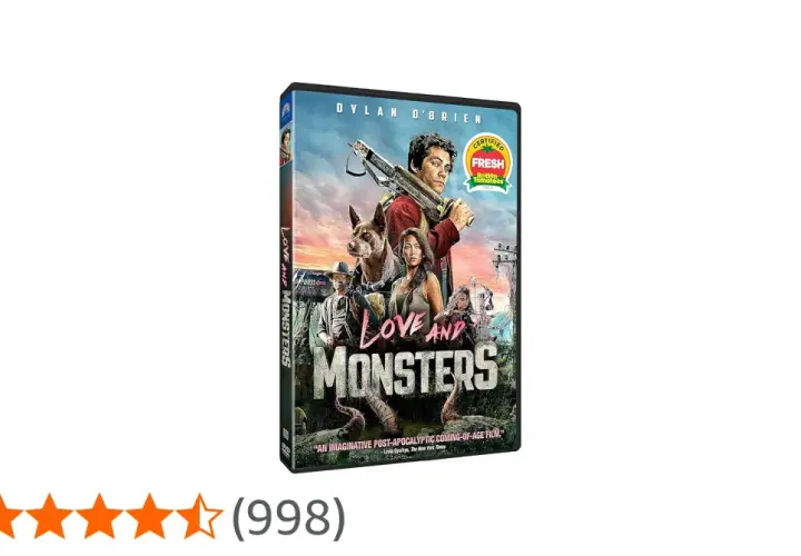 DVD-omslag för "Love and Monsters" med Dylan O'Brien, en hund och andra karaktärer som kämpar mot monster i en postapokalyptisk värld.