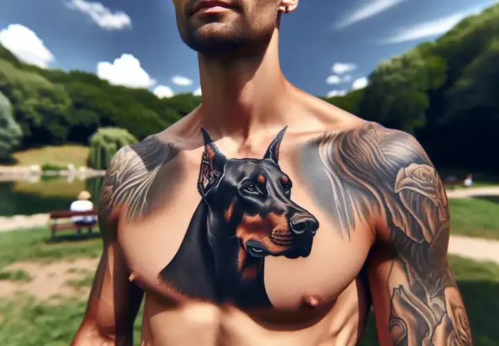 Imponujący tatuaż doberman na klatce piersiowej mężczyzny, otoczony tatuażami z różami. W tle park z jeziorem.