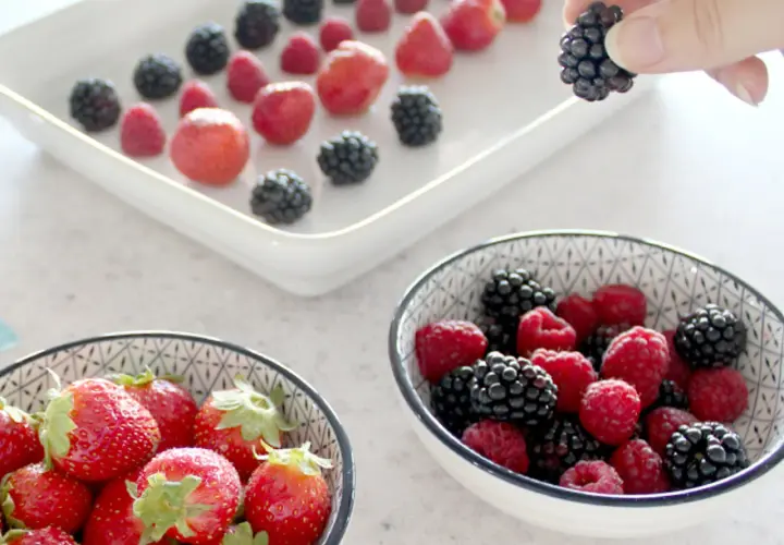 Frische Beeren, darunter Brombeeren, werden für das Einfrieren vorbereitet. Eine Hand hält eine Brombeere.