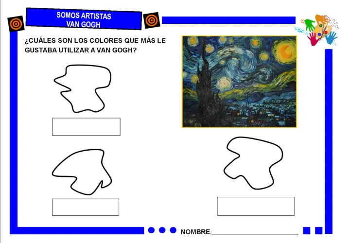 Actividades de Van Gogh para niños. Explora los colores favoritos del artista con esta hoja de trabajo.