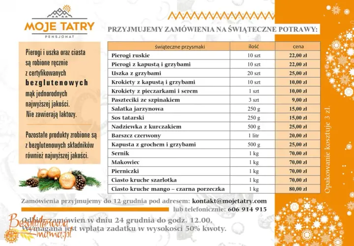 Menu wigilijne catering od Moje Tatry: pierogi, uszka, ciasta i inne świąteczne przysmaki. Zamówienia do 12 grudnia.