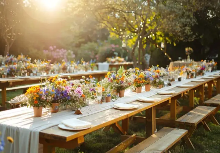 Long tables dressées en extérieur, ornées de bouquets de fleurs sauvages colorées, prêtes pour un repas mariage bonne franquette sous le soleil.
