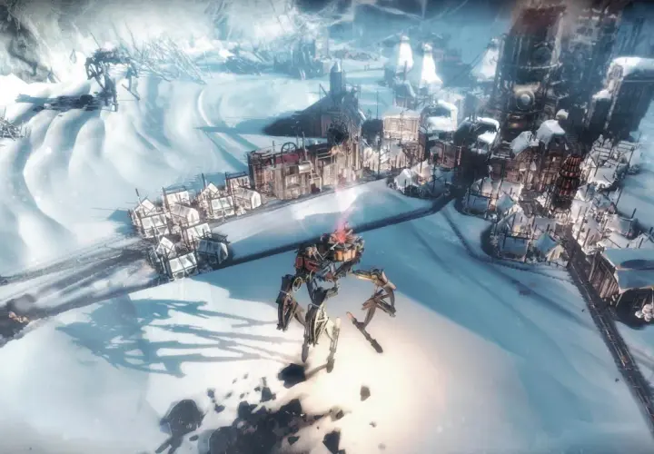 Mechaniczna maszyna przemierza mroźne pustkowie, zbliżając się do osady. Frostpunk - poradnik.
