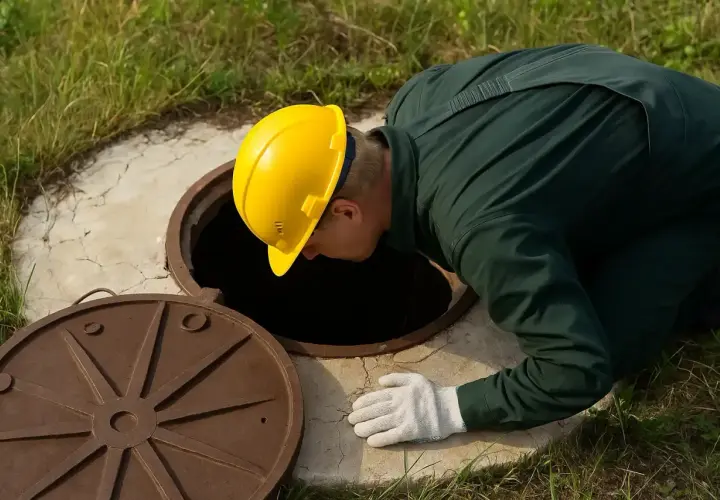 Pracownik w żółtym kasku pochyla się nad otwartym włazem szamba.