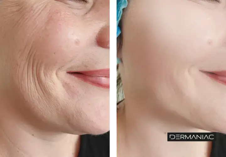 Antes y después de un tratamiento para suavizar las líneas de marioneta y rejuvenecer la piel.