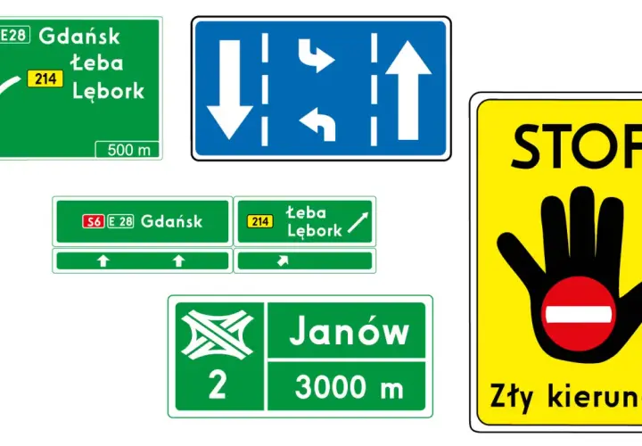 Zestaw znaków drogowych: kierunkowe, zakazu wjazdu i stop.