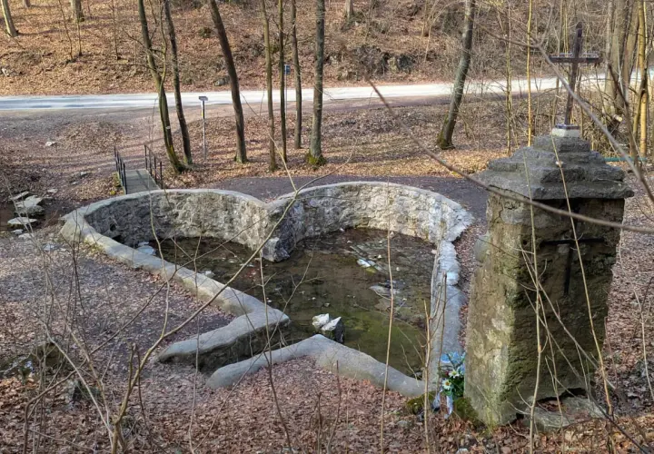 Kamienny krzyż i sercowate źródełko w dolinie Eliasówki, otoczone lasem i opadłymi liśćmi.
