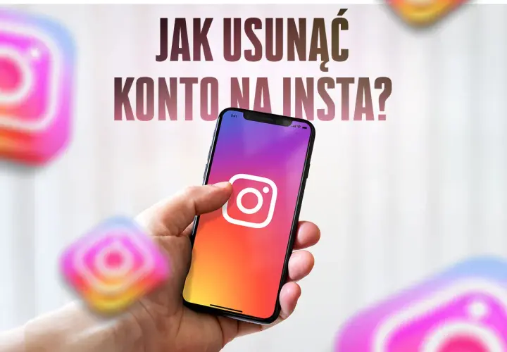 Chcesz wiedzieć, jak usunąć konto na Insta? Dłoń trzyma telefon z ikoną Instagrama, otoczony innymi ikonami.