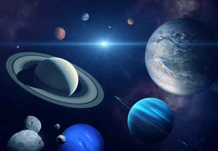 Mars w wodniku, wśród planet i asteroid, na tle gwiezdnego pyłu.
