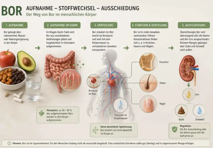 Bor wird über Nahrung aufgenommen, im Darm verarbeitet und im Körper verteilt. Die Bor-Wirkung zeigt sich in Knochen, Haaren und Nägeln, bevor es ausgeschieden wird.