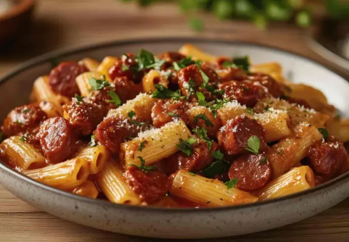 Un plato humeante de macarrones con chorizo, cubierto con perejil fresco y queso rallado, listo para ser disfrutado.