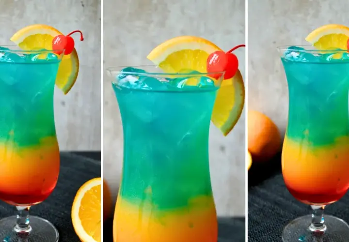 Kolorowy drink ze spritem, warstwowy, z pomarańczą i wiśnią. Idealny na letnie orzeźwienie.