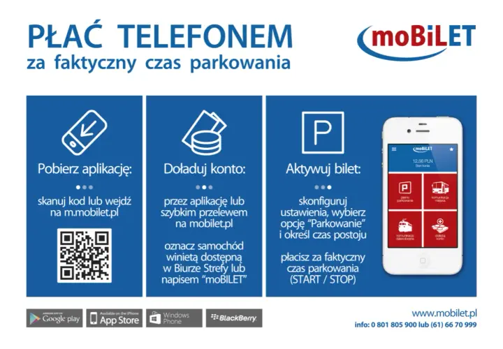 Najlepsza aplikacja do parkowania moBILET: pobierz, doładuj konto i aktywuj bilet. Płać za faktyczny czas postoju.