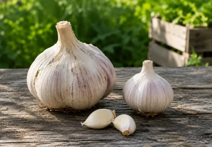 Dwa dorodne główki czosnku słoniowego i kilka ząbków leżą na drewnianym stole. W tle zielone liście i drewniana skrzynka, sugerujące udaną czosnek słoniowy uprawę.