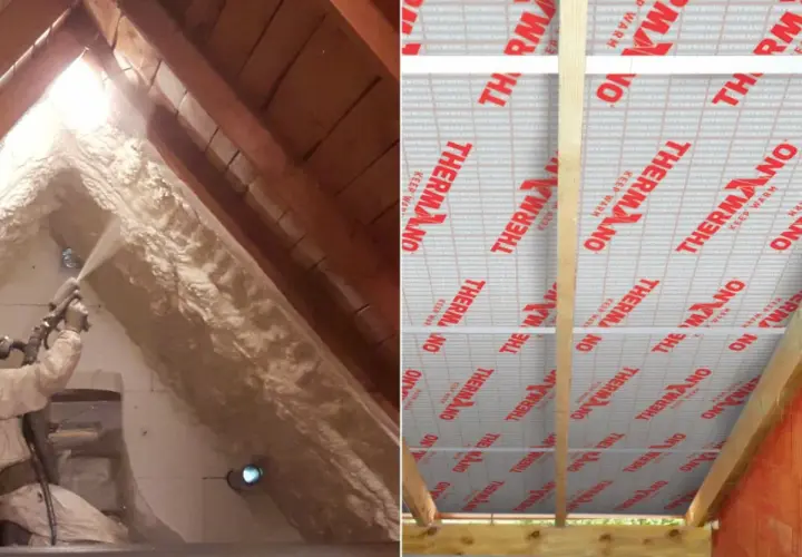 Aplikacja pianki do ocieplenia poddasza. Po prawej stronie widać gotową izolację z materiału THERMANO.