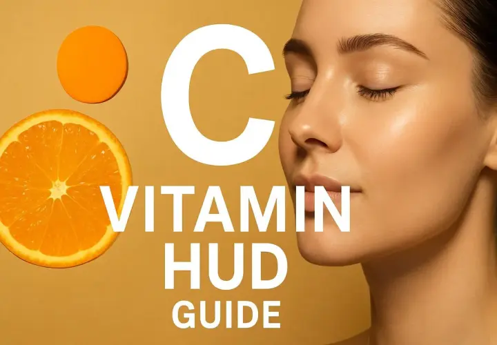 En närbild på en kvinna med slutna ögon bredvid en apelsin och texten "C VITAMIN HUD GUIDE".