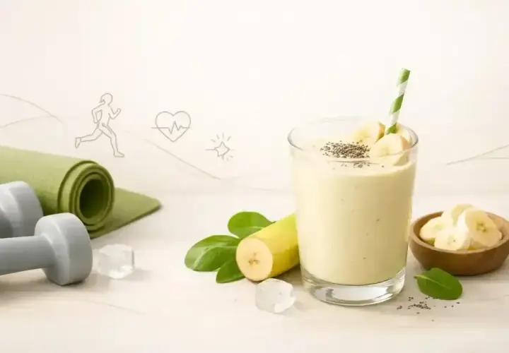 Zdrowy koktajl bananowy po treningu. Obok leżą hantle i mata.