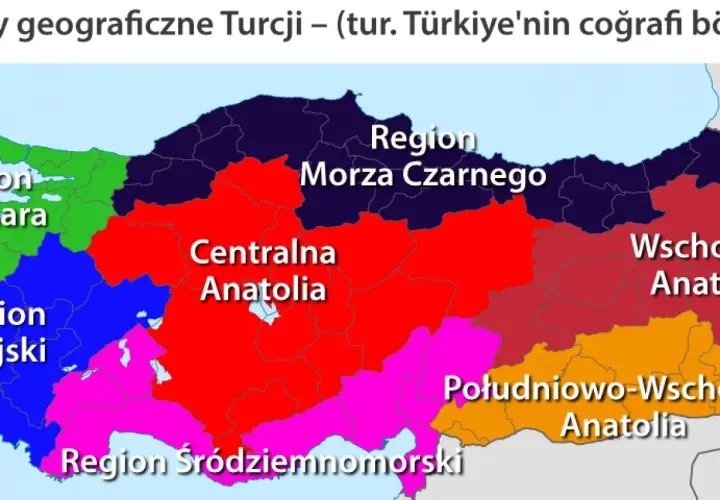 Mapa pokazuje, gdzie leży Turcja, podzielona na regiony: Morze Czarne, Centralna Anatolia, Południowo-Wschodnia Anatolia i Region Śródziemnomorski.