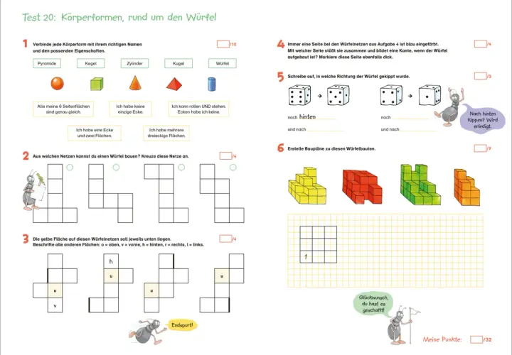 Mathematik-Übungsblatt für die 3. Klasse mit geometrischen Formen, Würfelnetzen und Bauplänen.
