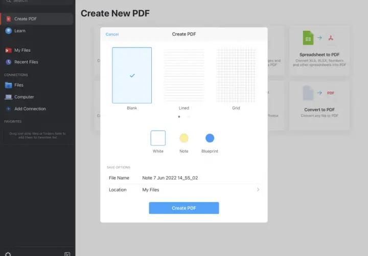 Ekran tworzenia nowego PDF z opcjami wyboru szablonu i nazwy pliku.