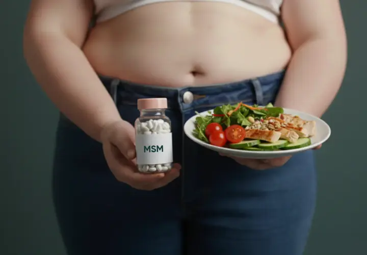 Person hält Flasche mit MSM-Kapseln und Teller mit Hähnchensalat. Mögliche Unterstützung bei Arthrose.