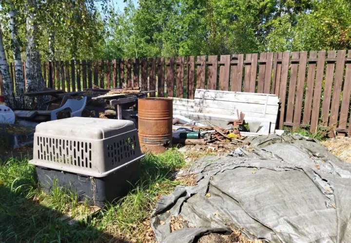 Zarośnięty ogród z rupieciami, beczką i klatką dla psa. Wygląda jak podwórko uciążliwego sąsiada na wsi.