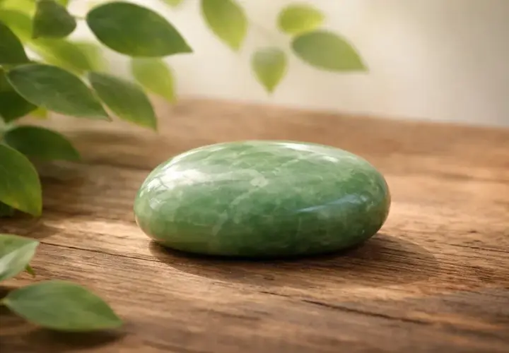 Ein glatter, grüner Jade-Stein liegt auf Holz. Seine Bedeutung liegt in Harmonie und Heilung.