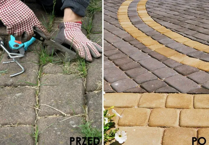 Przed: ręczne czyszczenie kostki brukowej z chwastów. Po: czysta, zadbana nawierzchnia z kostki brukowej.