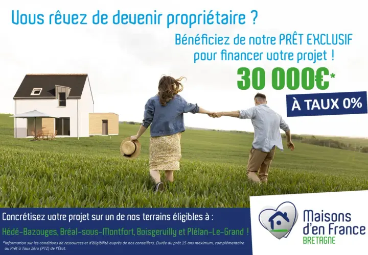 Un couple se promène dans un champ verdoyant vers une maison moderne. Ils rêvent de devenir propriétaires grâce à un prêt familial exclusif de 30 000€ à taux 0%.