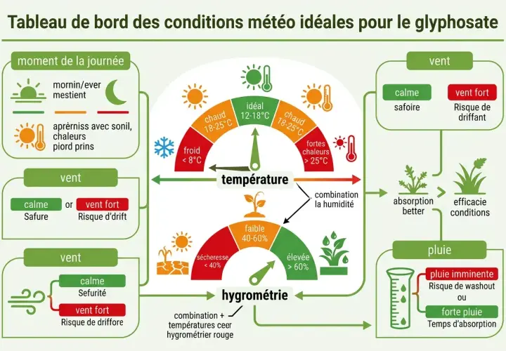 Tableau météo pour savoir quand mettre du désherbant glyphosate : idéalement par temps calme, chaud mais pas trop, et sec. Éviter le vent fort et la pluie.