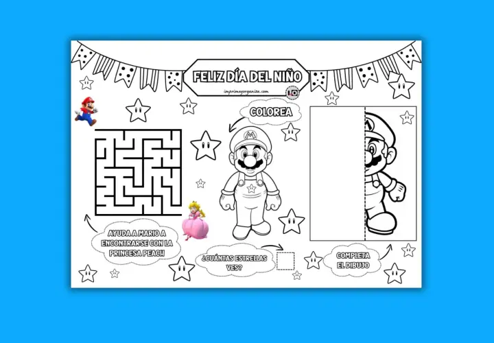 Imprimibles pasatiempos infantiles: laberinto para ayudar a Mario, colorear y completar dibujo. ¡Diversión asegurada!