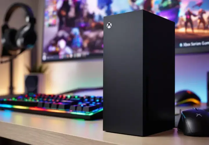 Xbox Series X mit bunter Tastatur und Maus, bereit für Gaming.