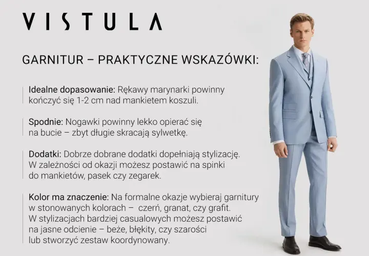 Eleganccy mężczyźni w garniturach, prezentujący idealne dopasowanie i styl. Jasnobłękitny komplet z kamizelką.