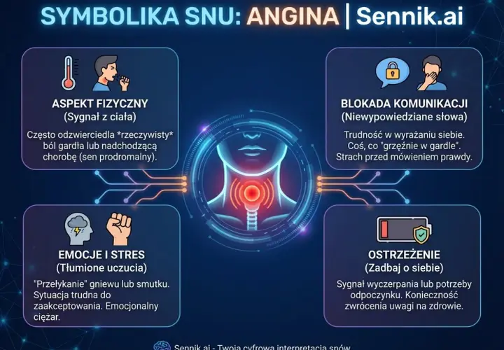 Sen o anginie symbolizuje problemy z komunikacją, tłumione emocje i potrzebę zadbania o siebie. To sygnał dla czakry gardła.
