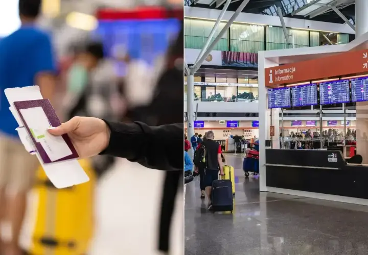 Ręka trzyma paszport i kartę pokładową, gotowa do odprawy online. W tle lotniskowy gwar.